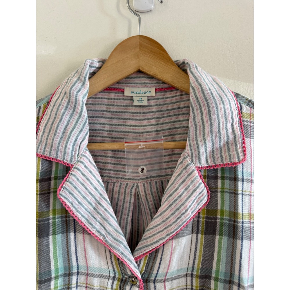 NWOT Sundance Womens Plaid Button Down Shirt Pink Crochet Trim Cotton Top Size M - Picture 3 of 6